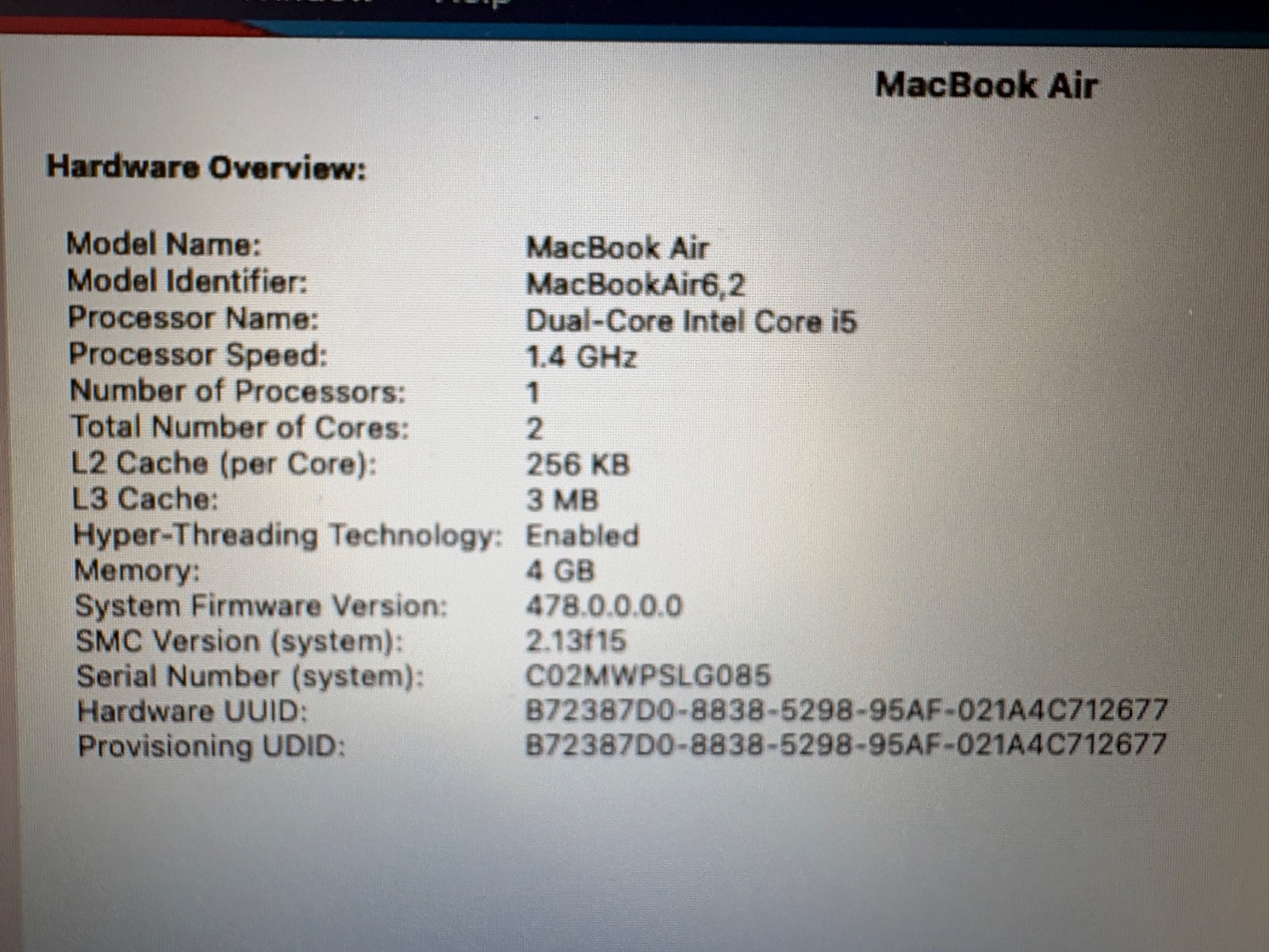 Apple MacBook Air 13.3 Silver Model A1466 Excellent Condition NEEDS Power Cord