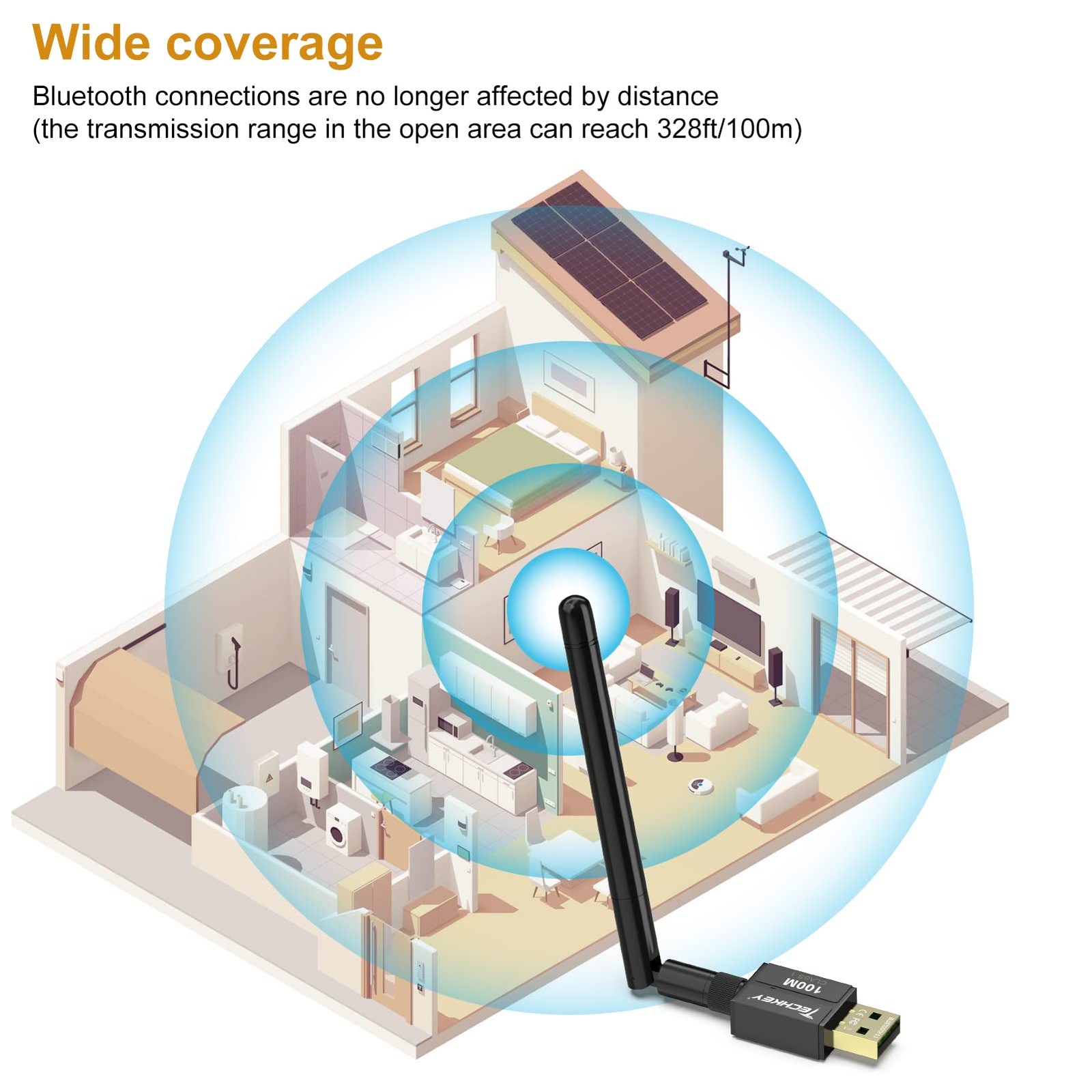 Long Range USB Bluetooth 5.3 Adapter for Desktop PC – 328FT Wireless