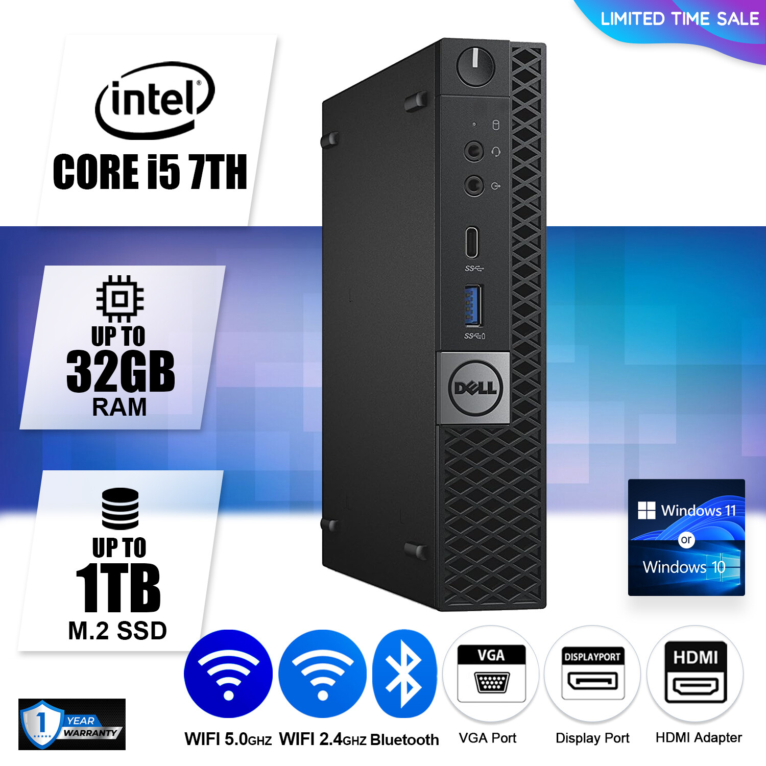 DELL Micro Desktop PC Computer i5, Up to 32GB RAM, M.2 SSD, Windows 10/11, WiFi