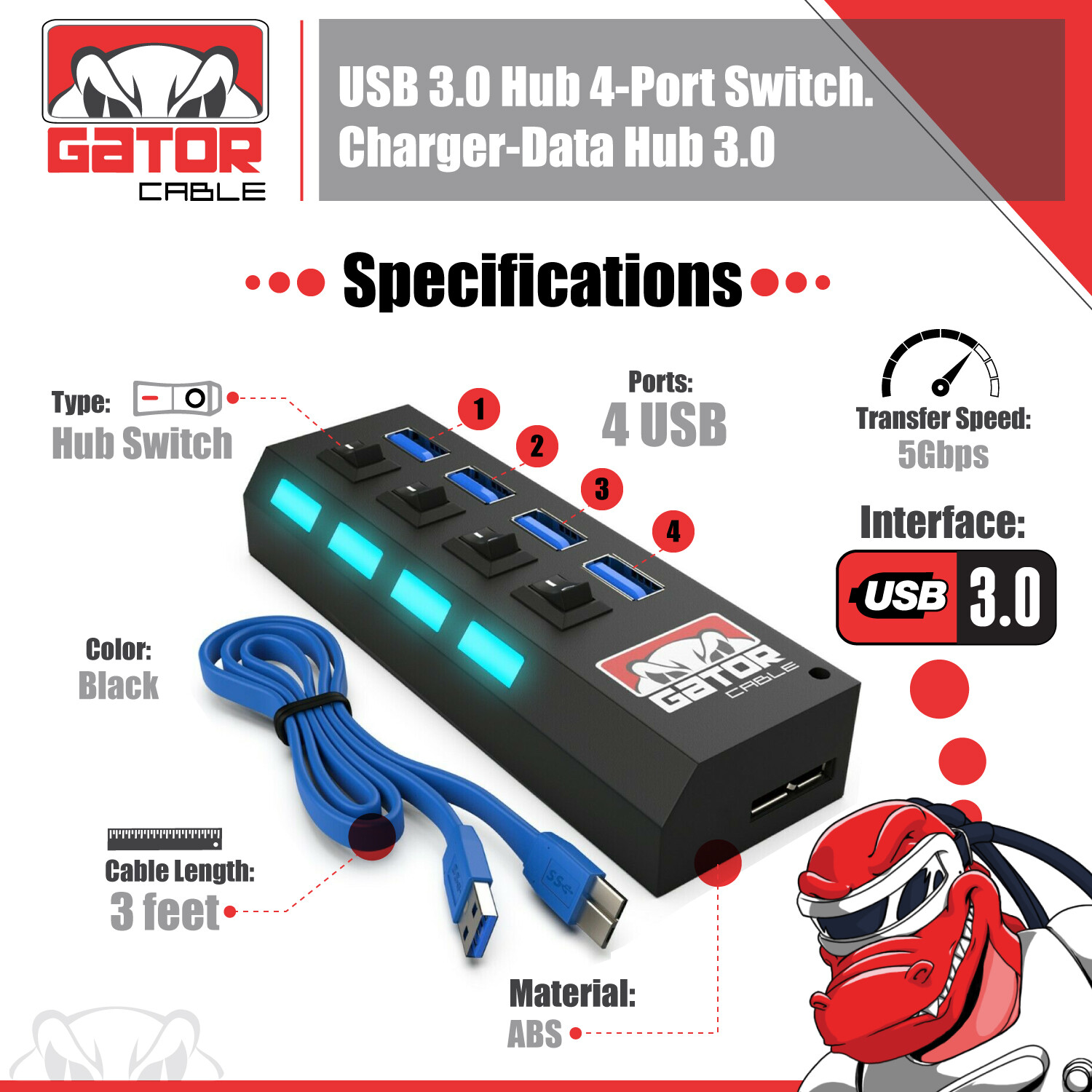 USB 3.0 HUB 4-Port Switch Splitter Charger Adapter Powered for PC Laptop Desktop