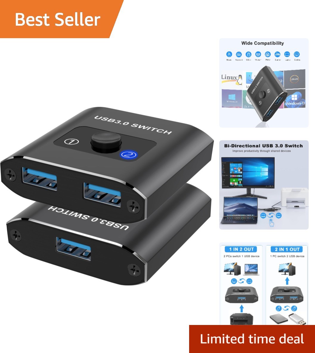 USB 3.0 Bi-Directional Switch with LED Indicator – Compatible with All Systems