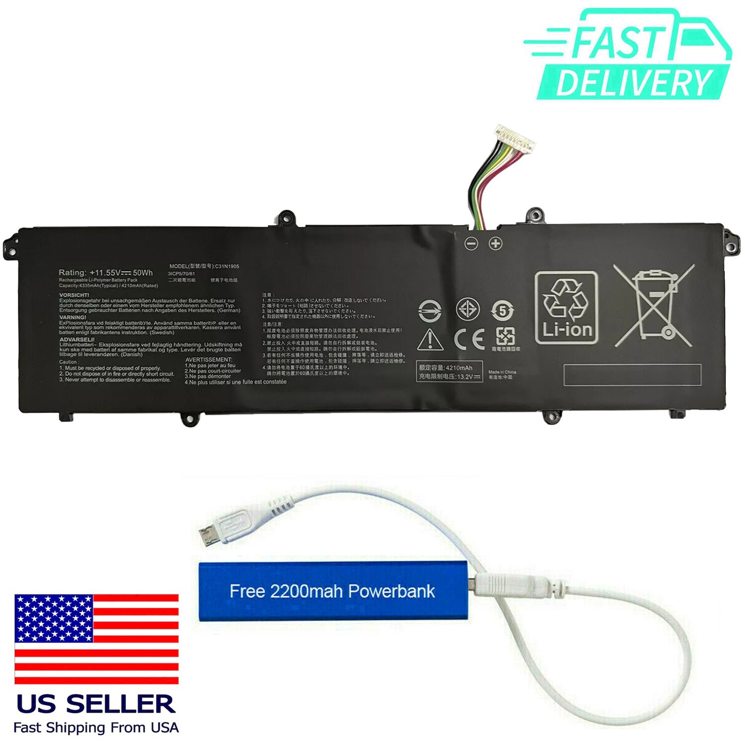 C31N1905 0B200-03580200 BATT FOR VIVOBOOK S330 S333 S433 S533 V533F 11.55V 50WH