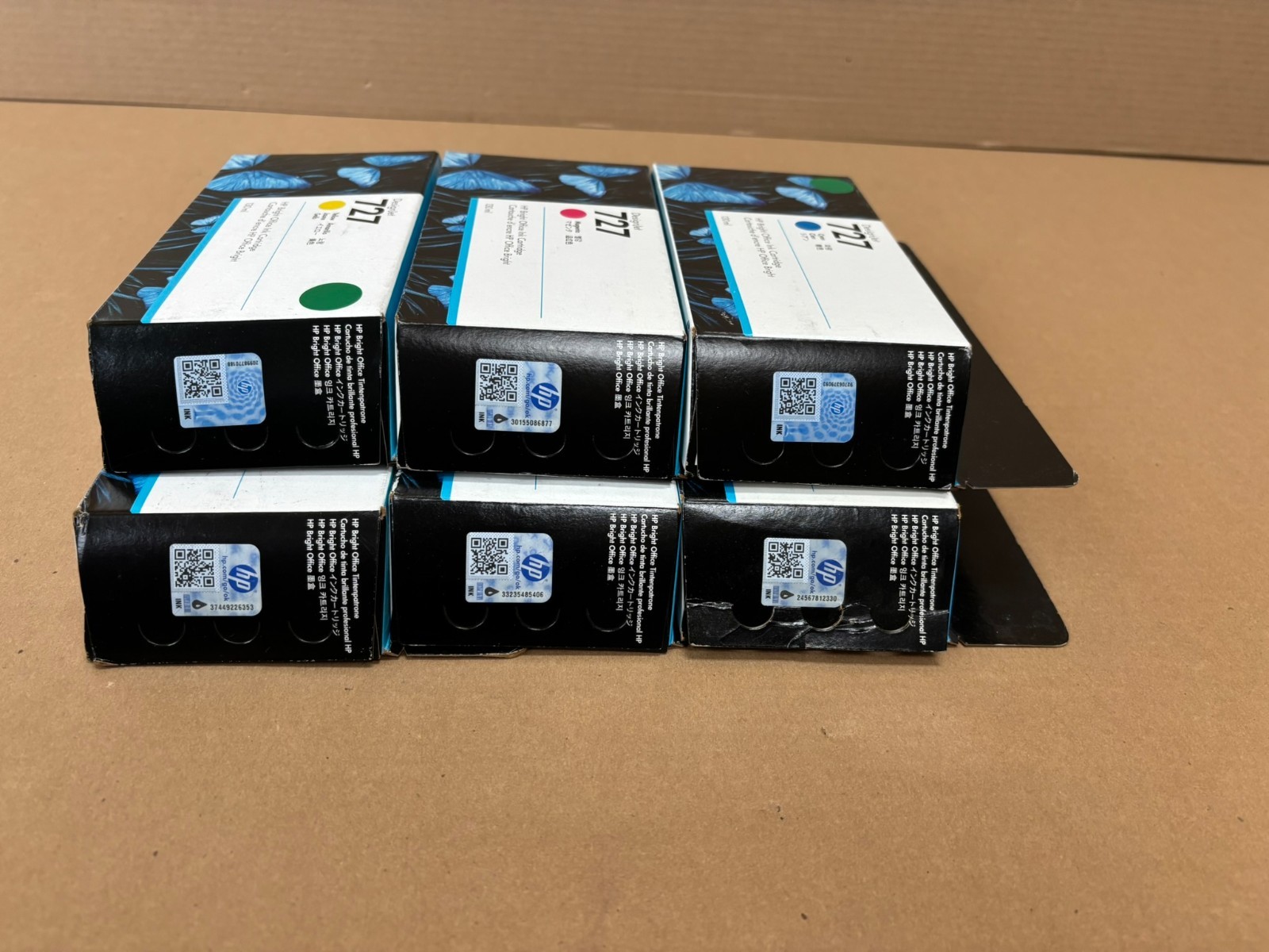 6 OEM HP 727 DJT900, T1500 C,M,Y,G,G,PK inks B3P19A,20A,21A,23A,24A (2021)