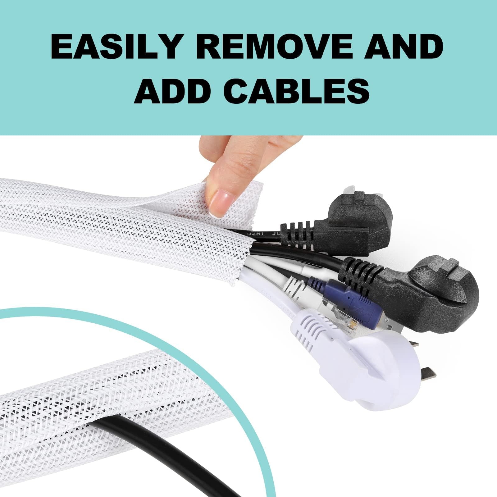 AGPTEK White Cable Sleeve, 2 Pack 5ft – 1.2 Inch Cable Management, Desk Cord …