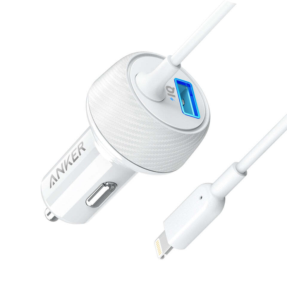 Anker 24W 2-Ports Car Charger Adapter Bulit-in 3ft Lightning Cable MFi-Certified