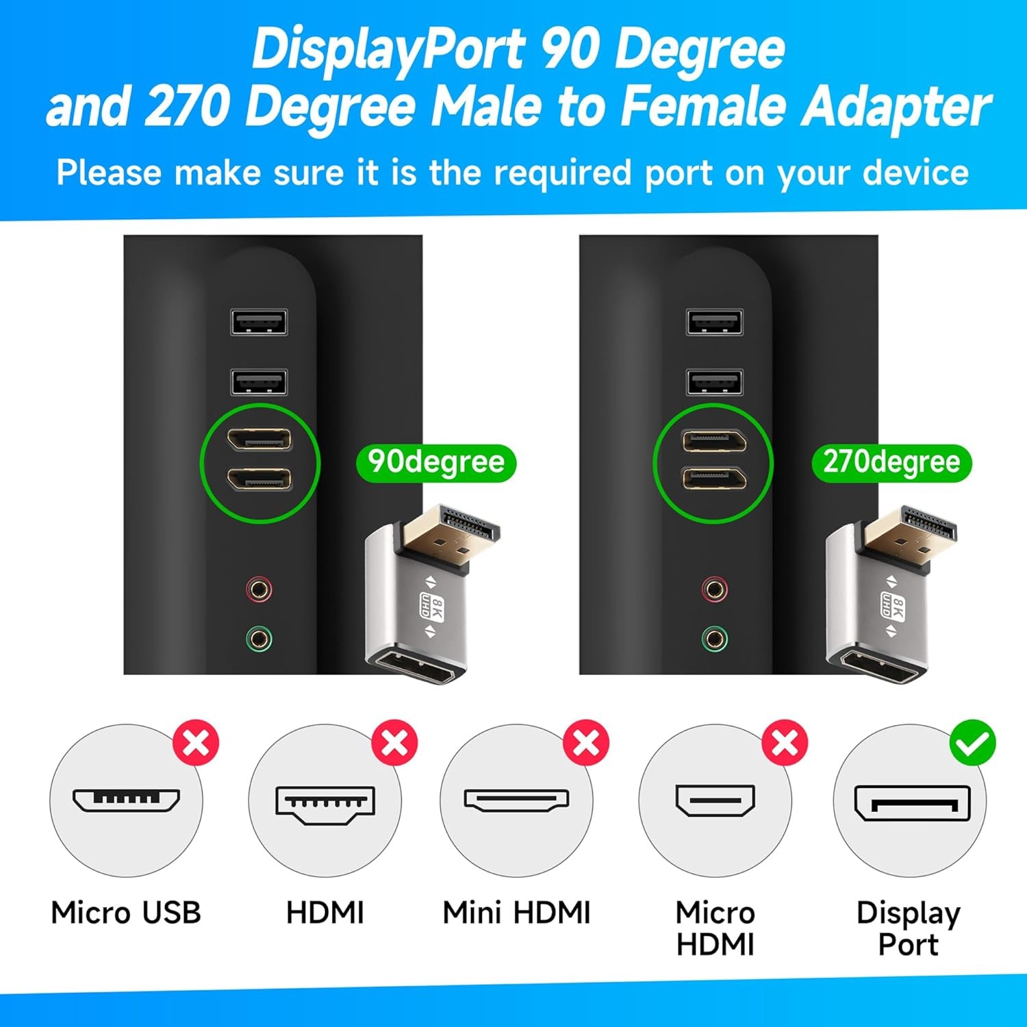 8K DisplayPort Converter Right Angle DP Male to Female Adapter for TV PC Laptop