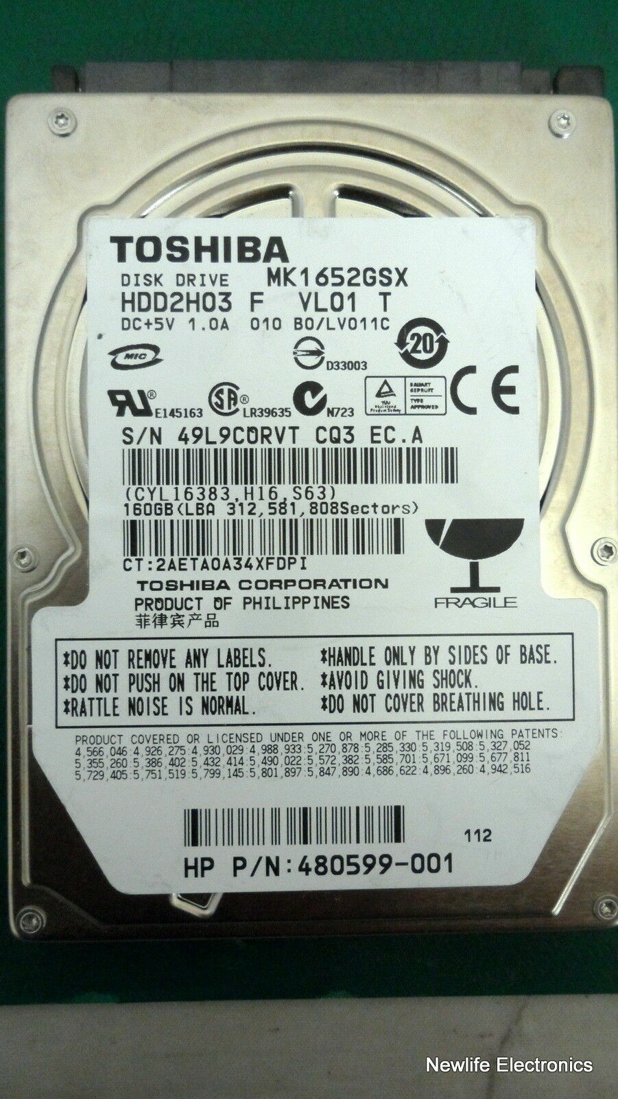 HP 577972-001 160GB 7,200 RPM 0.5 in. SATA HDD 480599-001 MK1652GSX