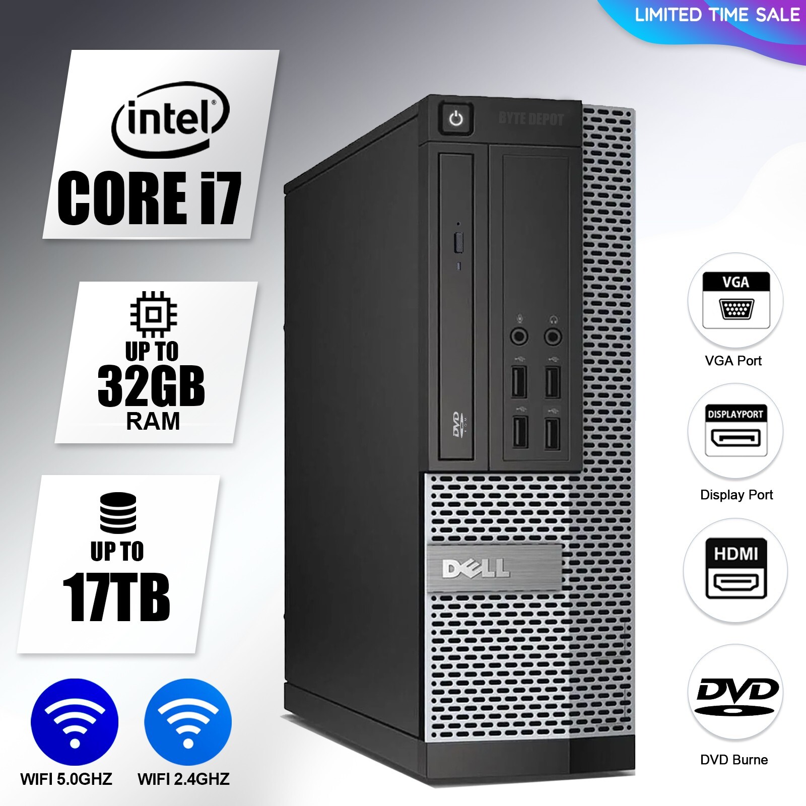 DELL Desktop Computer PC i7, up to 32GB RAM, 17TB SSD, Windows 10/11, DVD-ROM