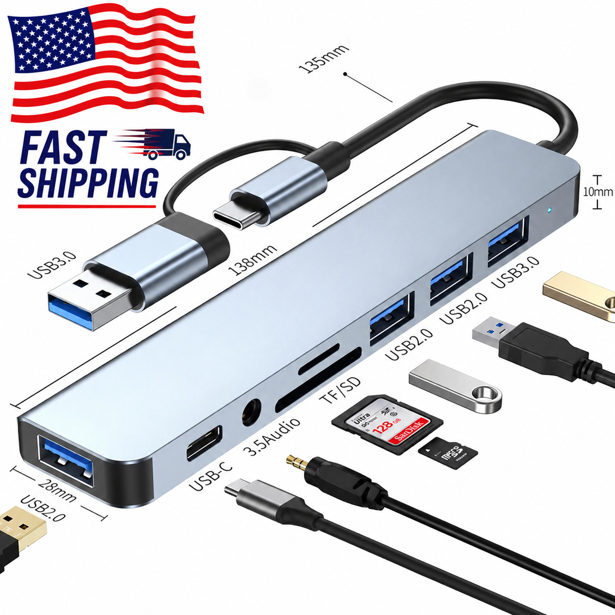 8 in 2 USB Type C Hub Dock 3.5mm Audio SD Card Reader Adapter Converter