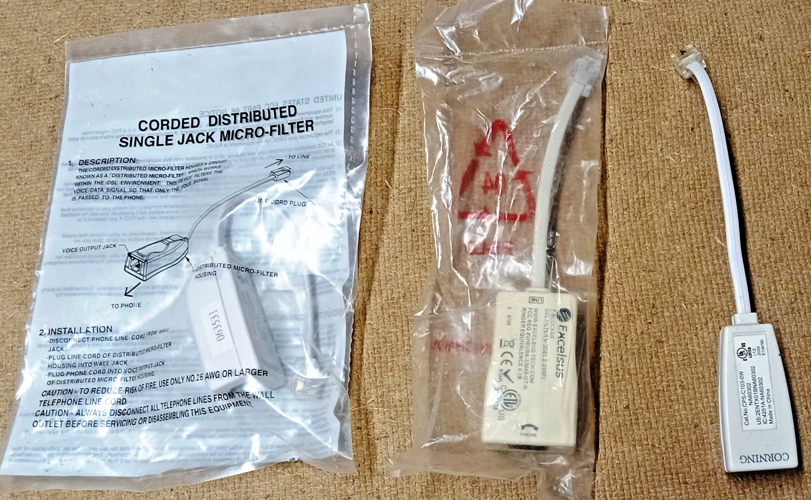 Lot of 3 Excelsus Z-Blocker/Corning DSL Phone Line Filter and Wall Jack, RJ-11