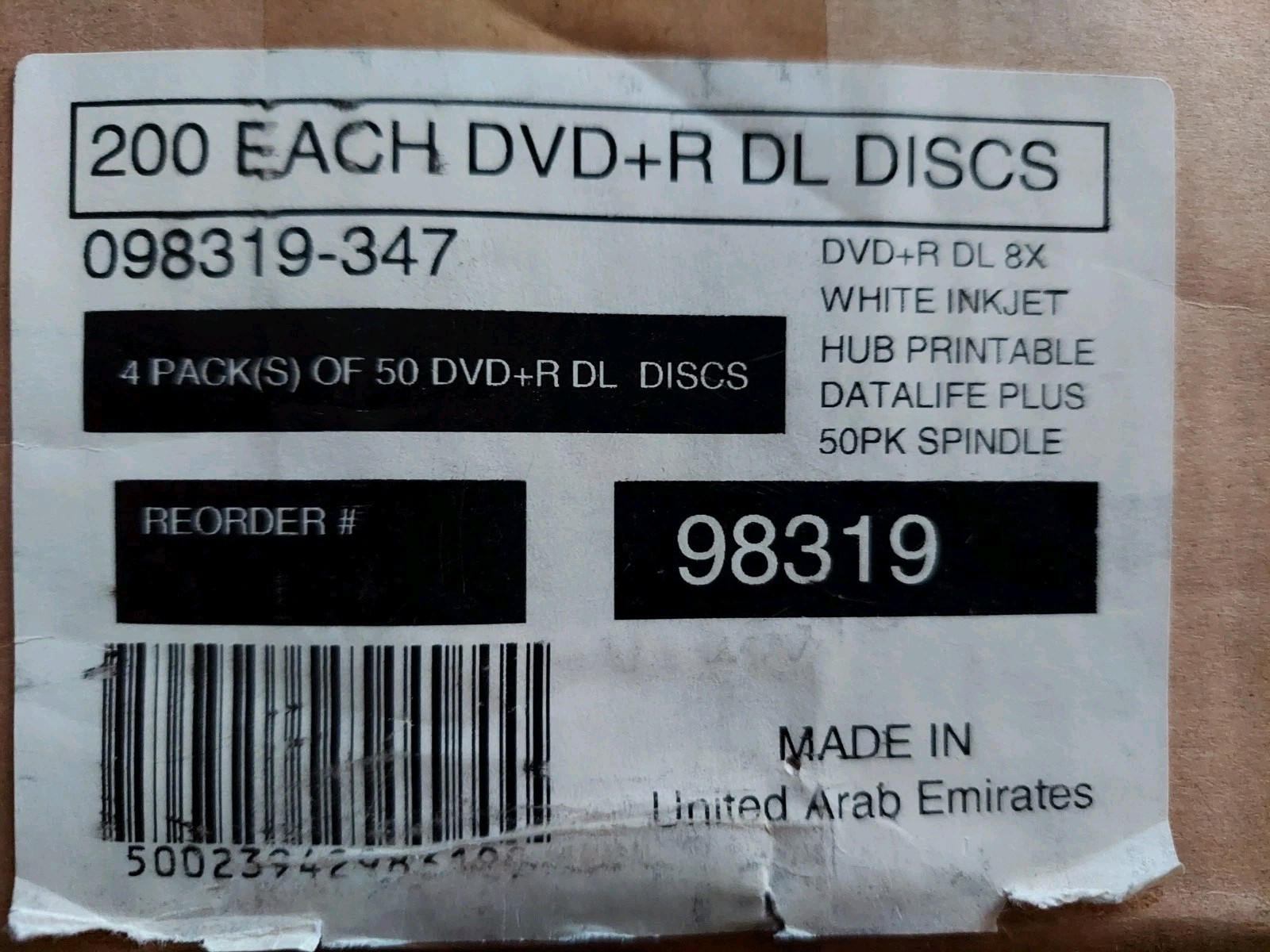 Case 200 Verbatim DVD+R DL 8.5GB 8X DataLifePlus White Inkjet Printable 98319