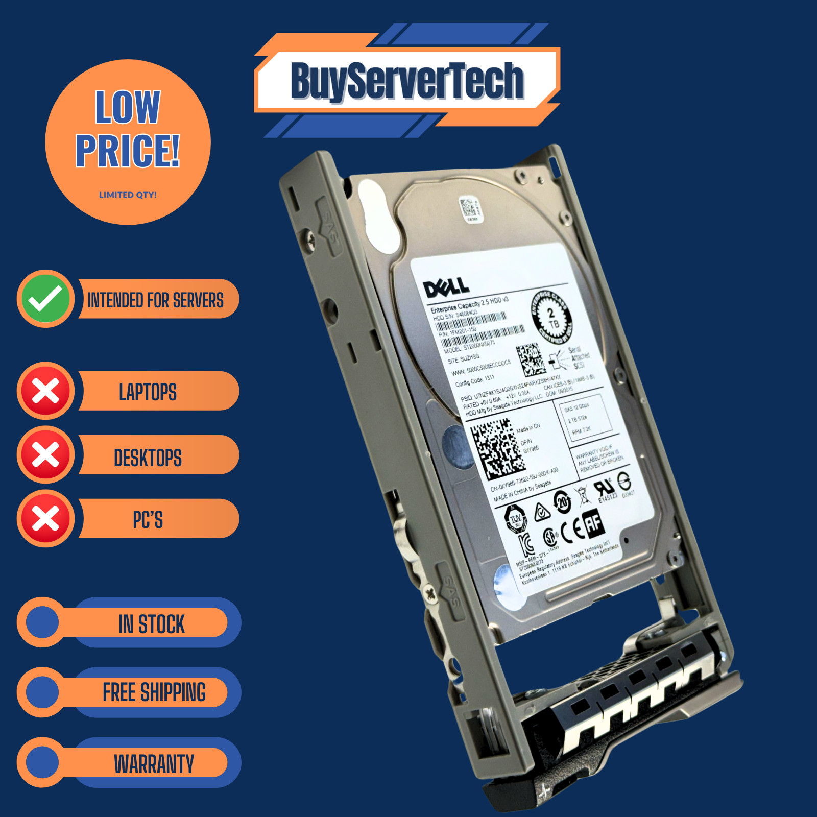 Dell XY986 2TB 7.2K 12Gb/s 2.5″ SAS HDD ST2000NX0273 128MB ENT Server Drive Tray