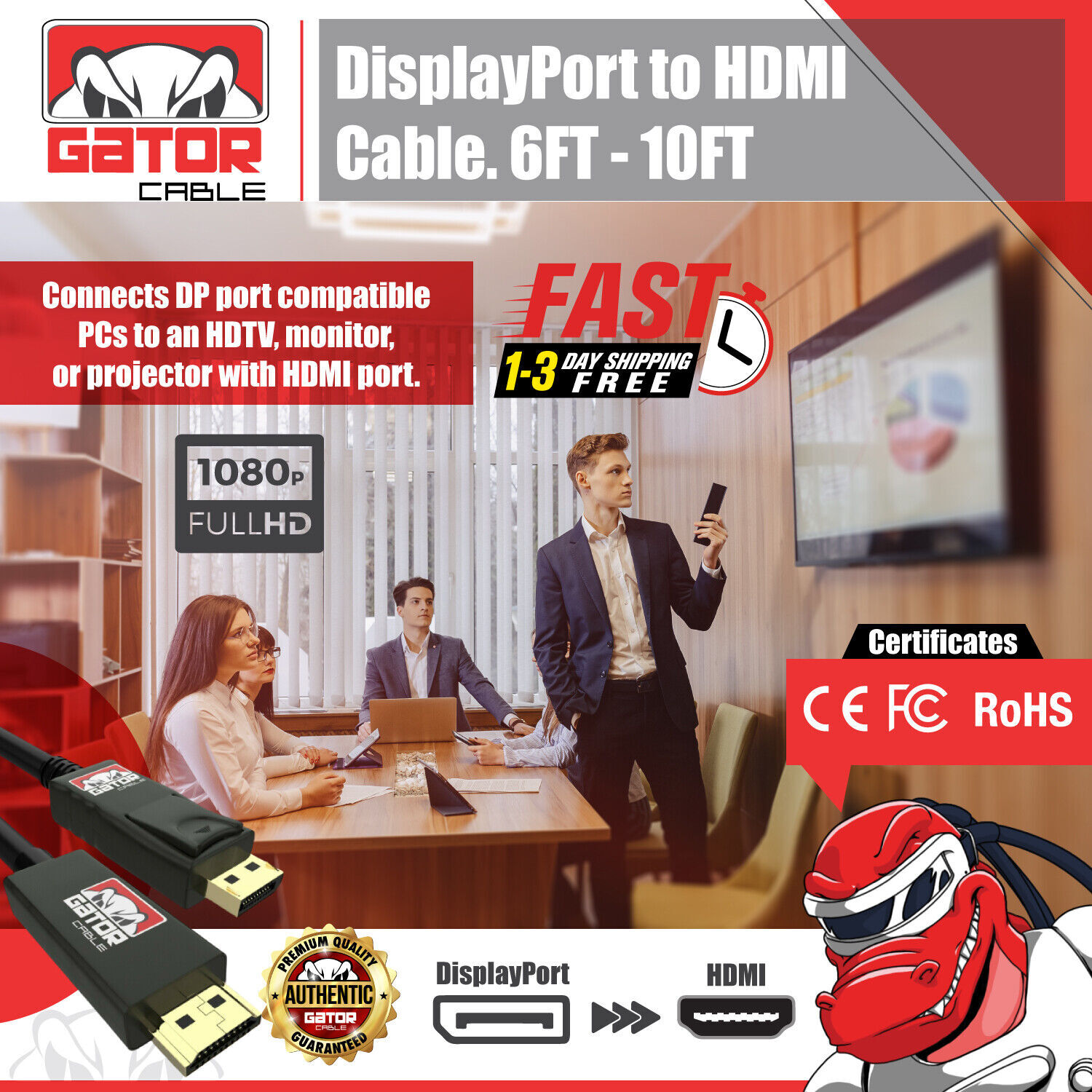 DisplayPort to HDMI Cable Adapter Converter Audio Video PC HDTV Monitor 1080P