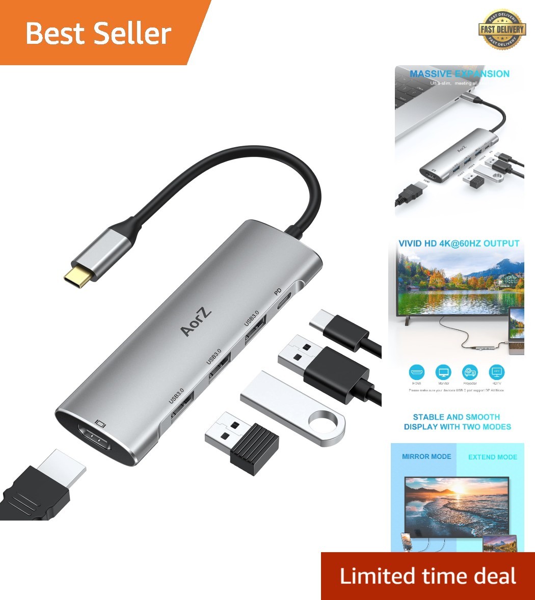 USB C Hub,USB C Hub Multiport Adapter 4K@60Hz 5 in 1 USBC to Hdmi Adapter wit…