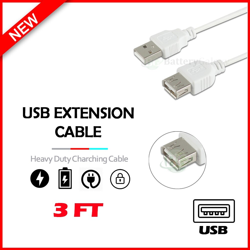 3ft USB 2.0 Extension Cable Type A Male to Female Extender Data Cord WHITE 90cm
