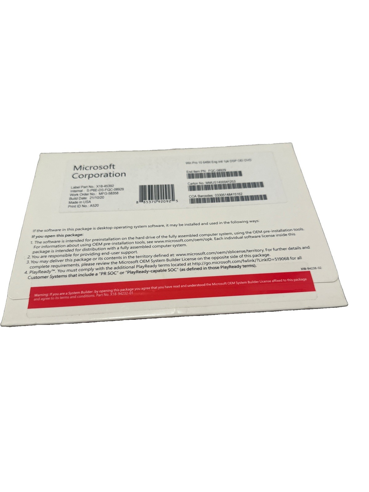 Win 10 Home 64 bit DVD with Product License Key New