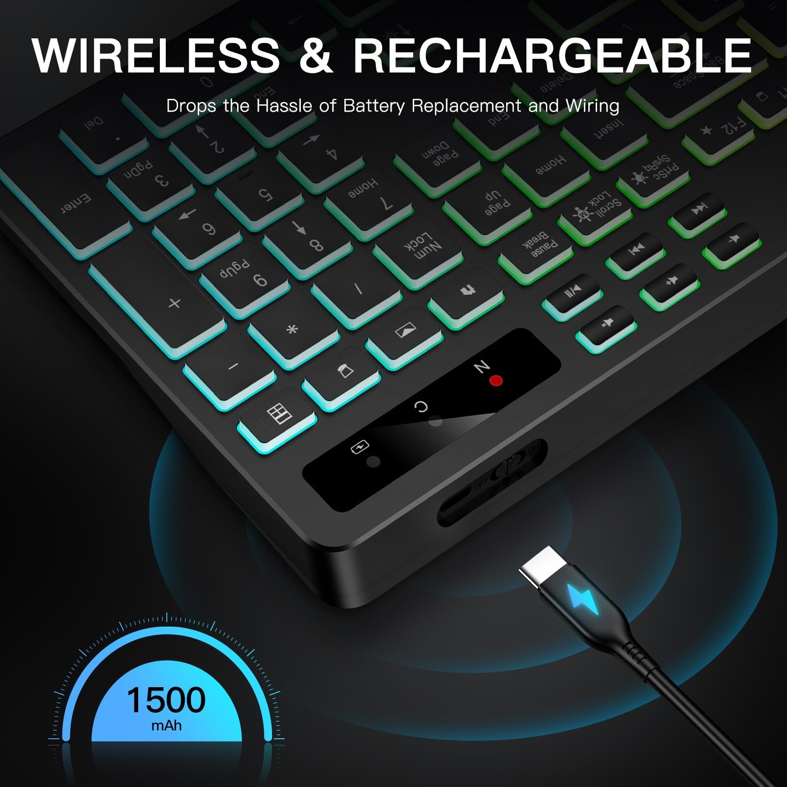 Wireless Keyboard with 7-Color RGB Backlit, Full-Size Computer Keyboard with …