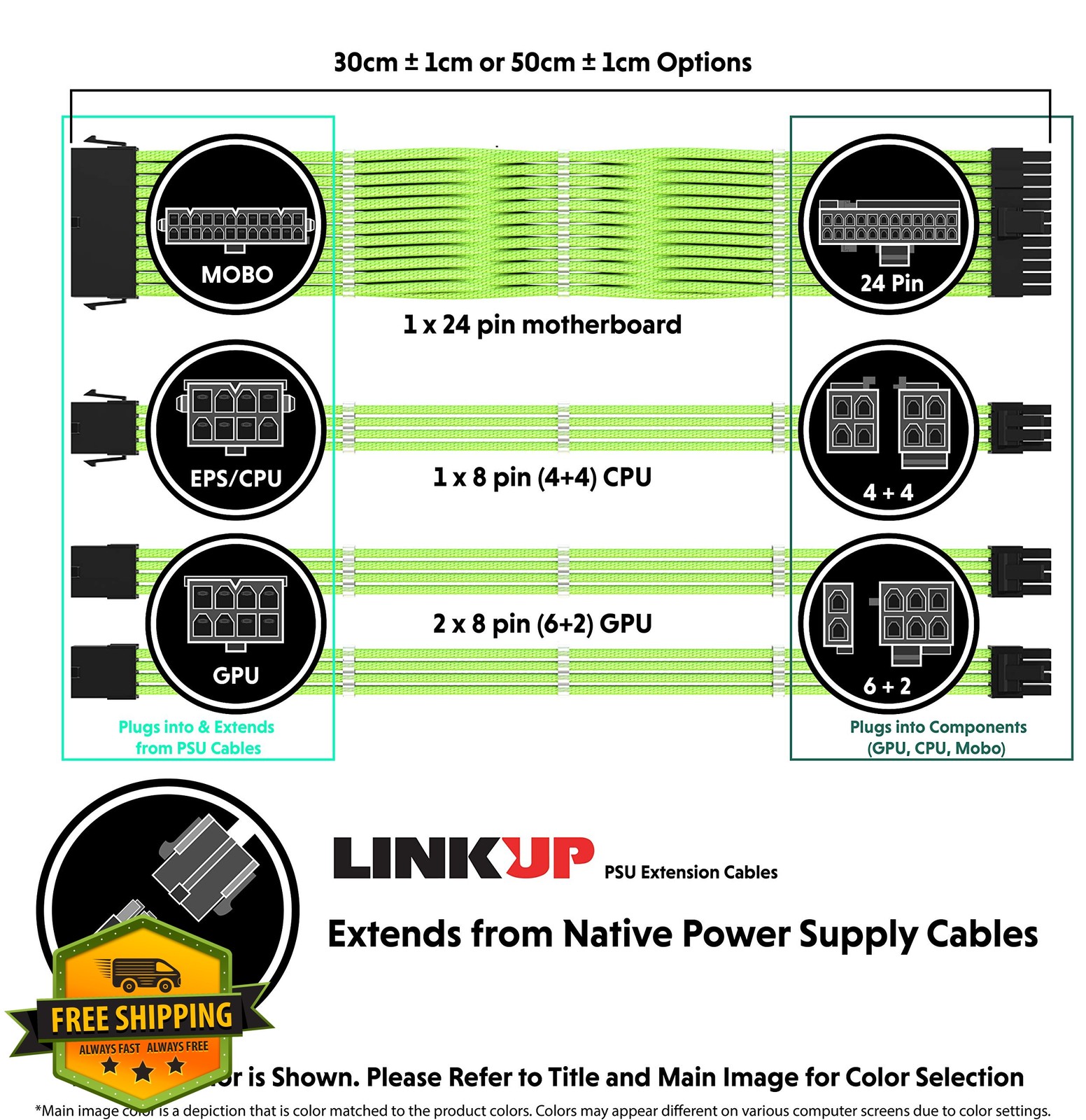 LINKUP – AVA 30cm PSU Cable Extension Sleeved Custom Mod GPU PC Braided w/Com…