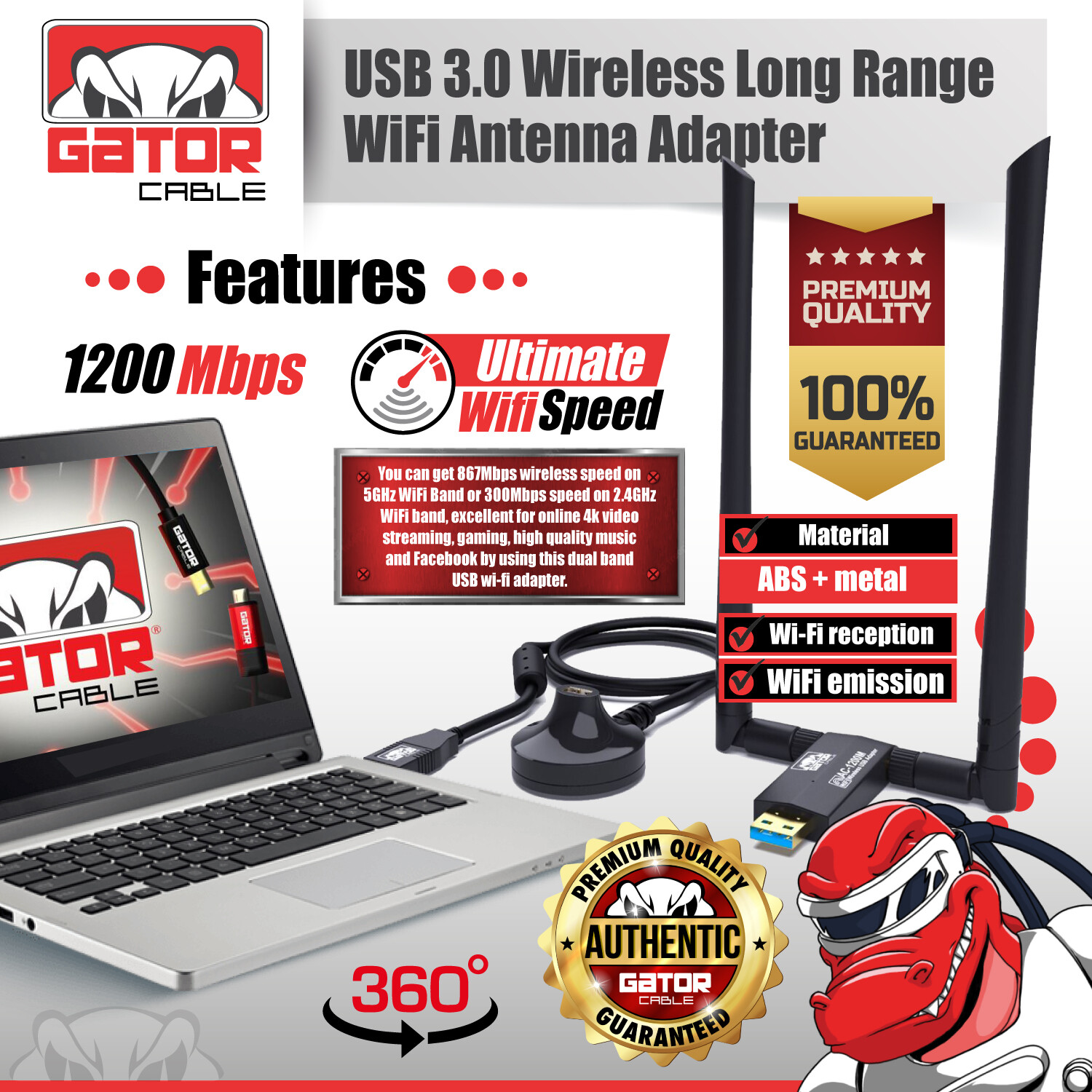 WiFi USB 3.0 Adapter Antenna Long Range Extender Wireless 1200Mbps Dual Band