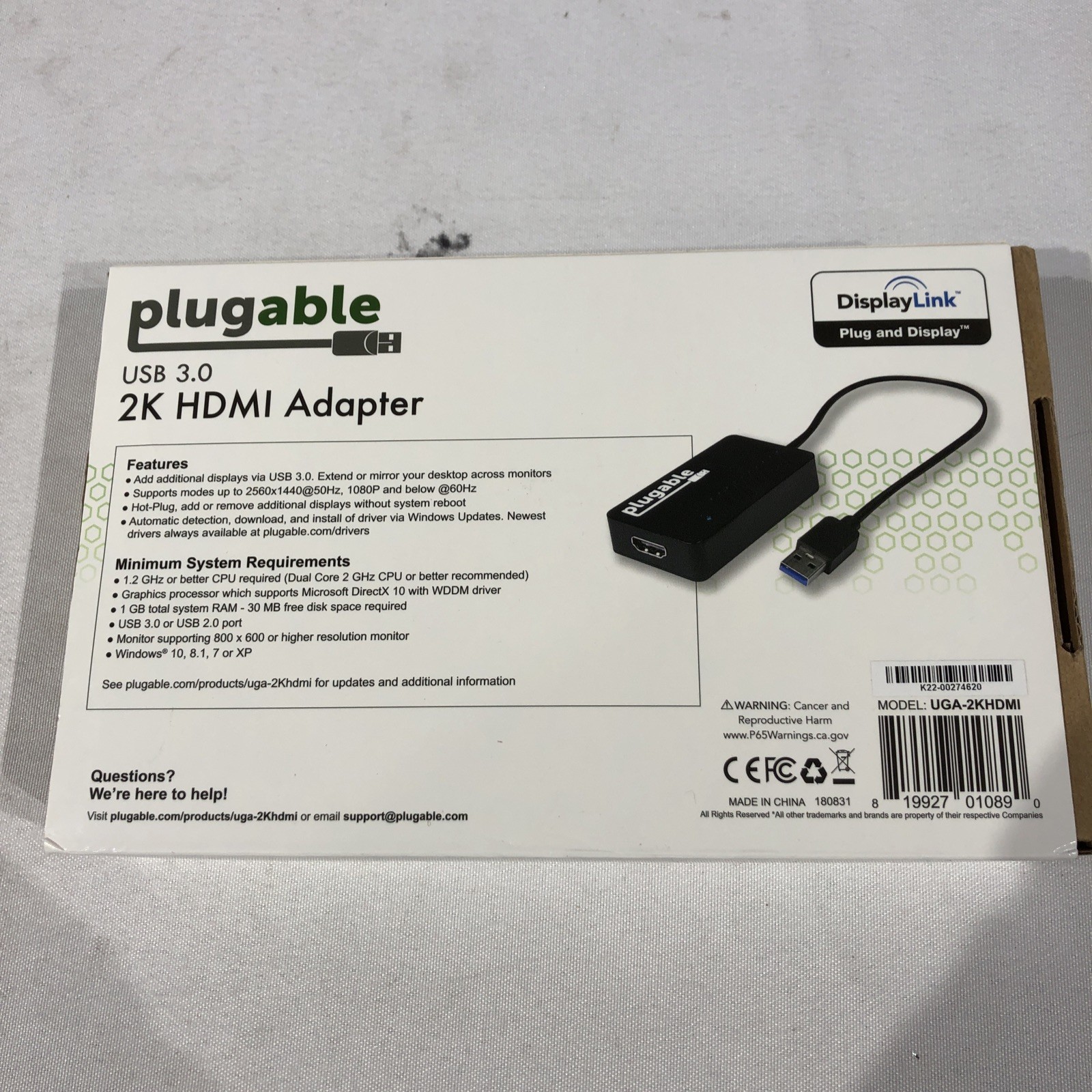 Plugable UGA-2KHDMI 12″ USB 3.0 to 2K HDMI Video Graphics Adapter OEM, Open Box