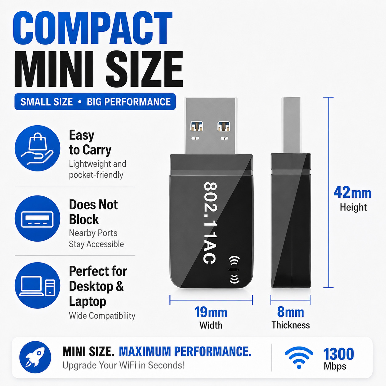 1300Mbps USB3.0 Wireless WiFi Adapter Dongle Dual Band 5G/2.4G Desktop Laptop
