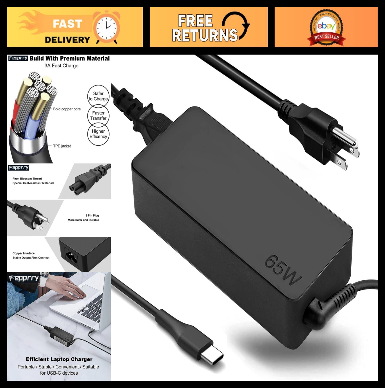 65W USB C Laptop Charger for Lenovo Thinkpad Yoga Chromebook, ADLX65YDC2A Replac