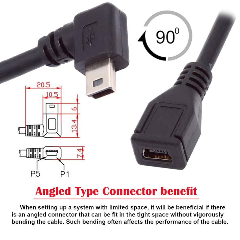30cm 90 Degree Right Angled Mini USB 5-Pin Male to Female Extension Cable