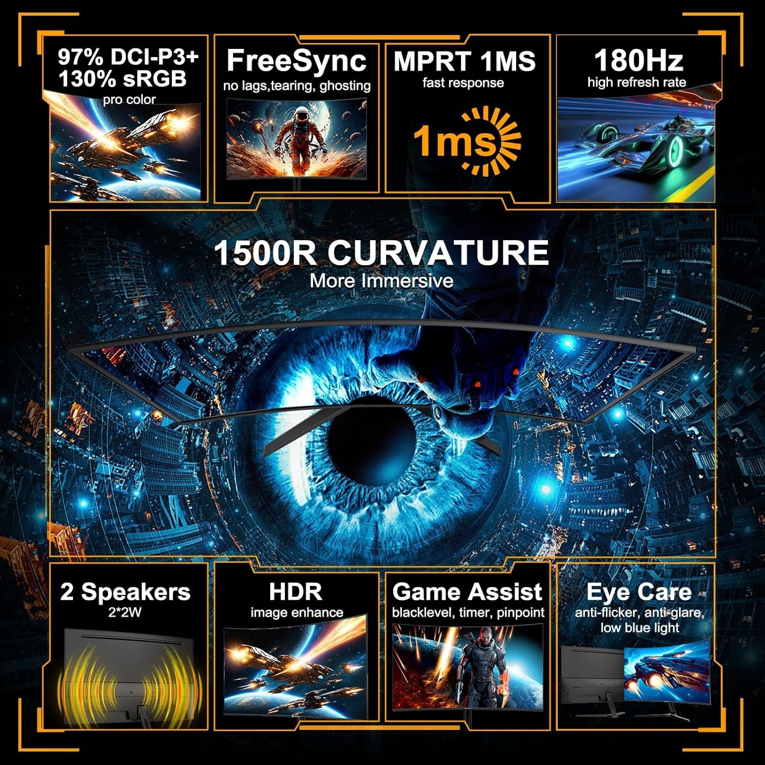 24 Inch Curved Gaming Monitor up to 180Hz MPRT 1ms with Built-in Speakers,FHD…