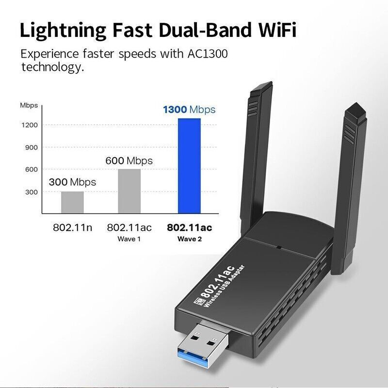 USB 3.0 Wireless WIFI Adapter 1300 Mbps Long Range Dongle Dual Band 5Ghz Network