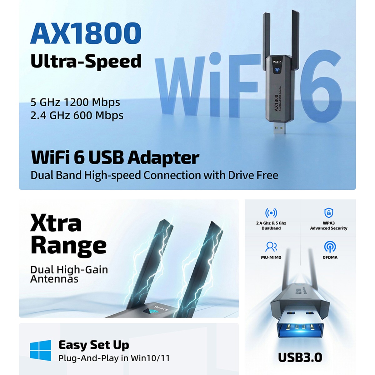 USB 3.0 Wireless WIFI 6 Adapter 1800Mbps Long Range Dongle Dual Band Network lot