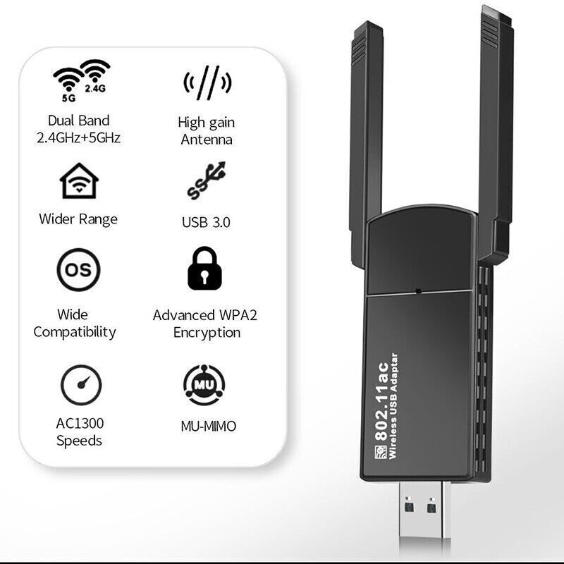 USB 3.0 Wireless WIFI Adapter 1300 Mbps Long Range Dongle Dual Band 5Ghz Network