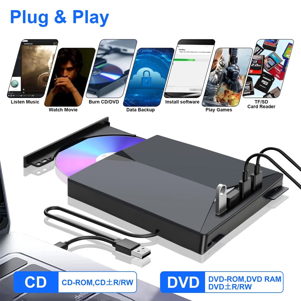 External CD DVD Drive for PC Laptop Windows 10 11 USB 3.0 Burner Reader Writer