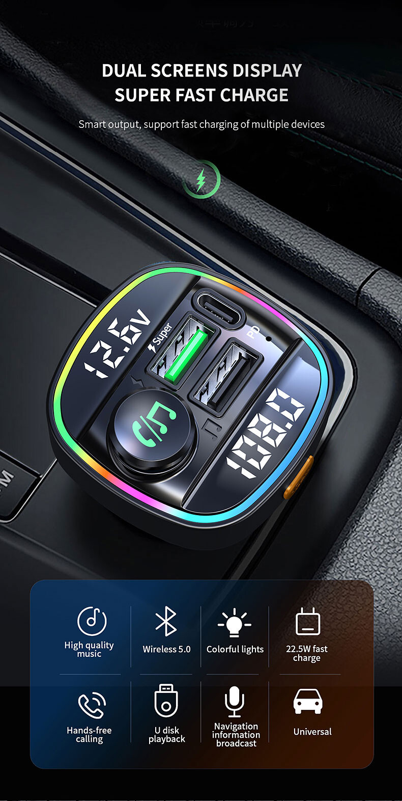 Bluetooth5.0 Wireless Car FM Transmitter MP3 AUX Receiver Adapter 2USB Charger