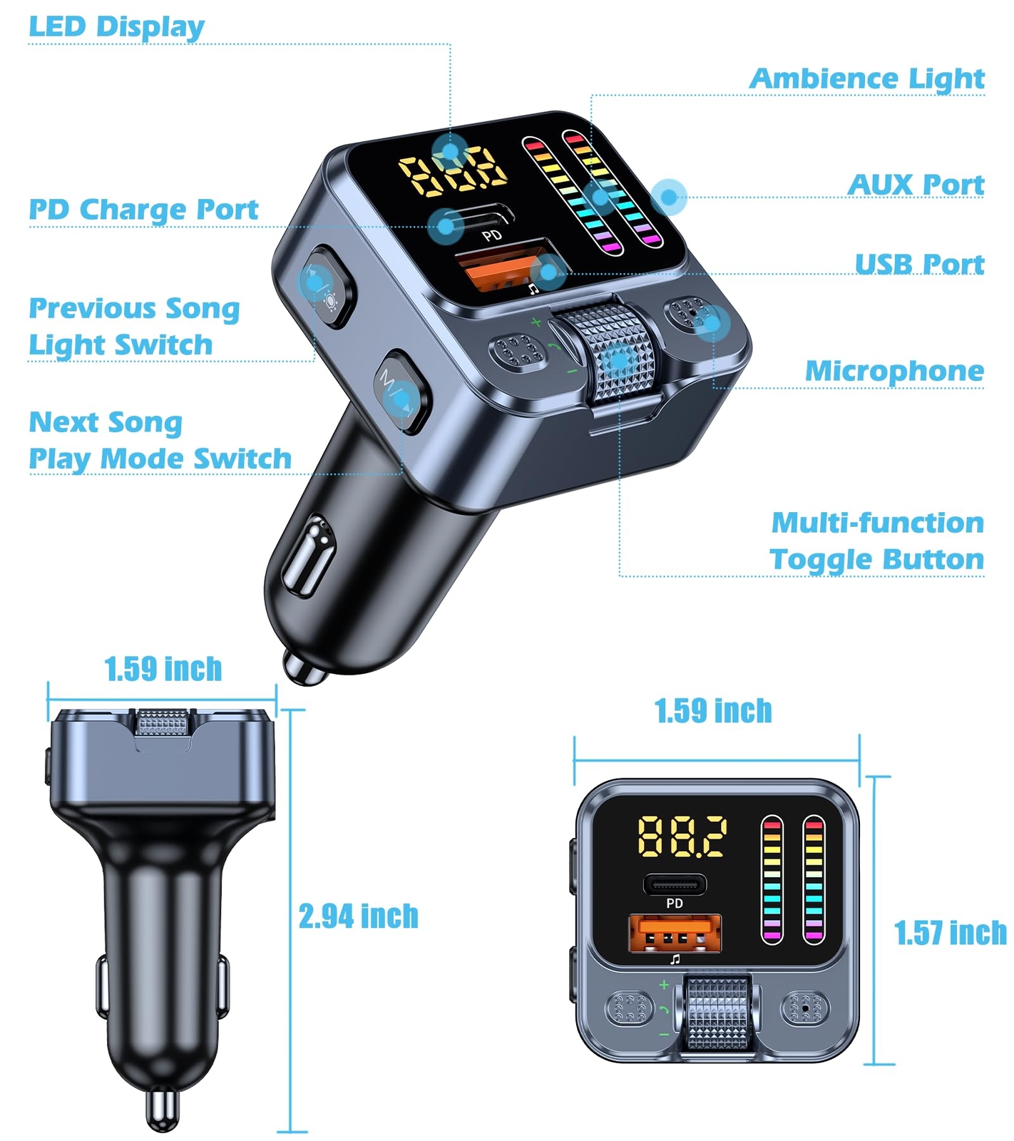Transmisor Bluetooth 5.3 USB Para Carro Auto Cargador Receptor Adaptor FM Radio