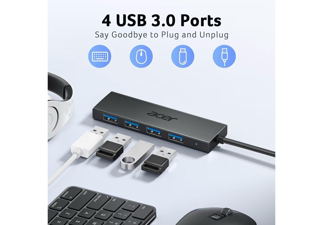 Acer USB Hub 4 Ports, Multiple USB 3.0 Hub, USBA Splitter for Laptop W Type C