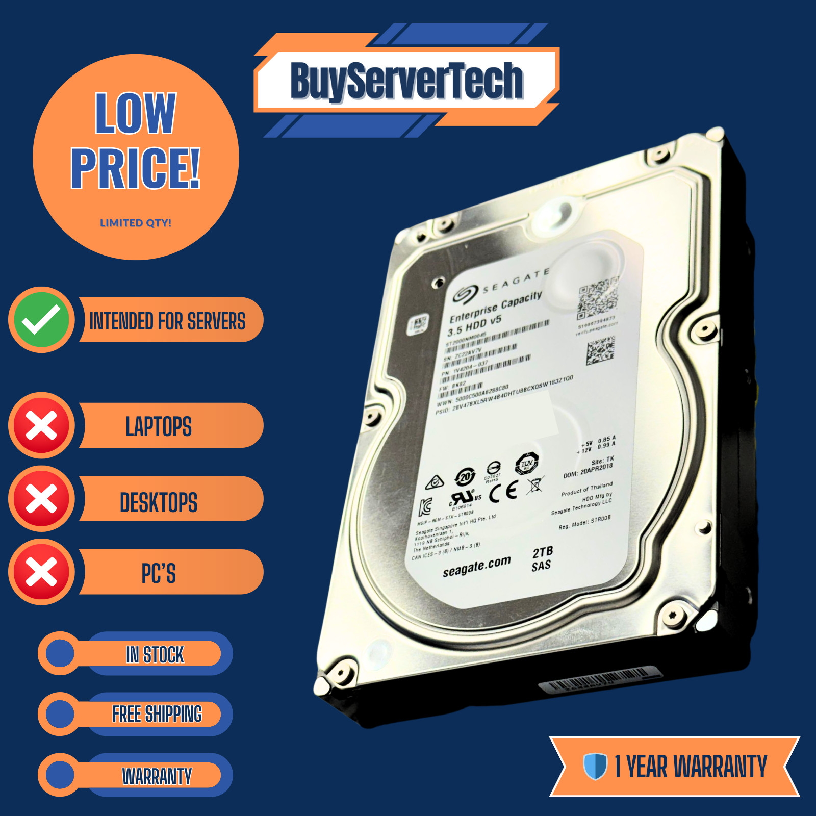 ST2000NM0045 Seagate Enterprise 2TB 7.2K 12Gbps SAS V.5 3.5” HDD Hard Drive