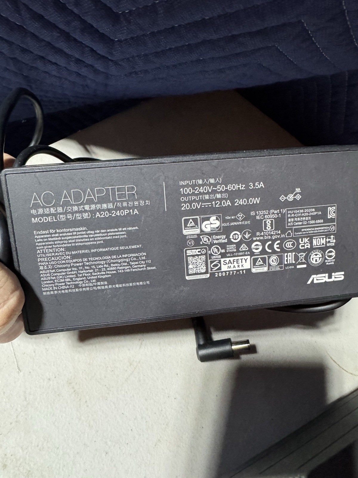 Genuine ASUS 240W AC Adapter 20V 12.0A A20-240P1A Rectangle Charger (Z3039)