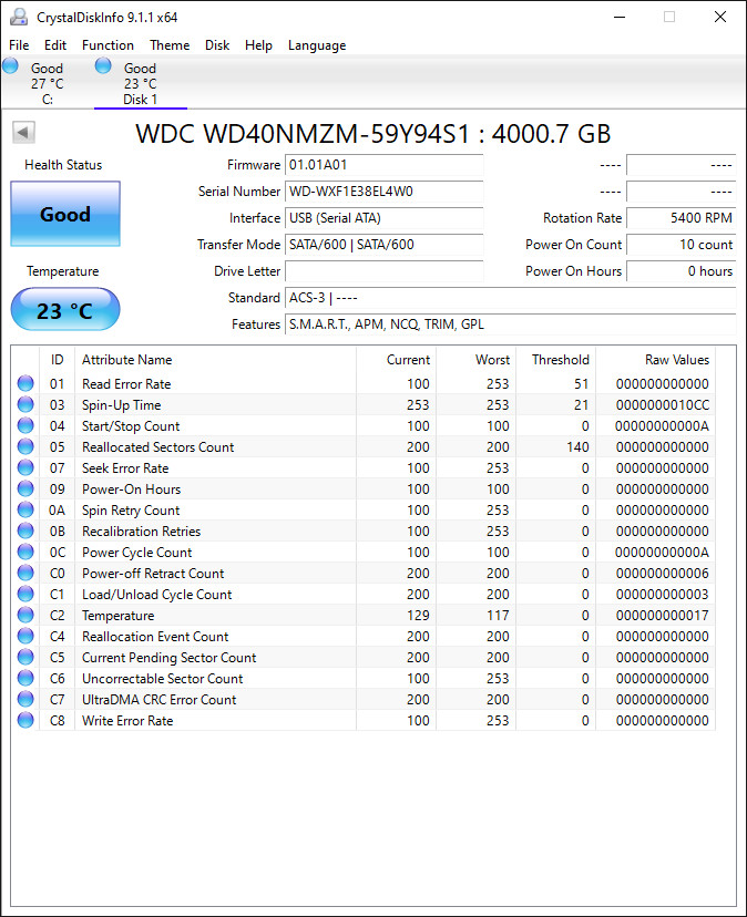 WD40NMZM-59Y94S1 s/n: WXF1E3 Malaysia OCT / 2018 4TB USB-C 2.5″ Western Digital