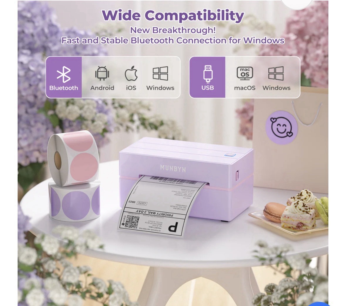 New Purple lMUNBYN RealWriter 130B Thermal Printer – Bluetooth, USB, No Ink