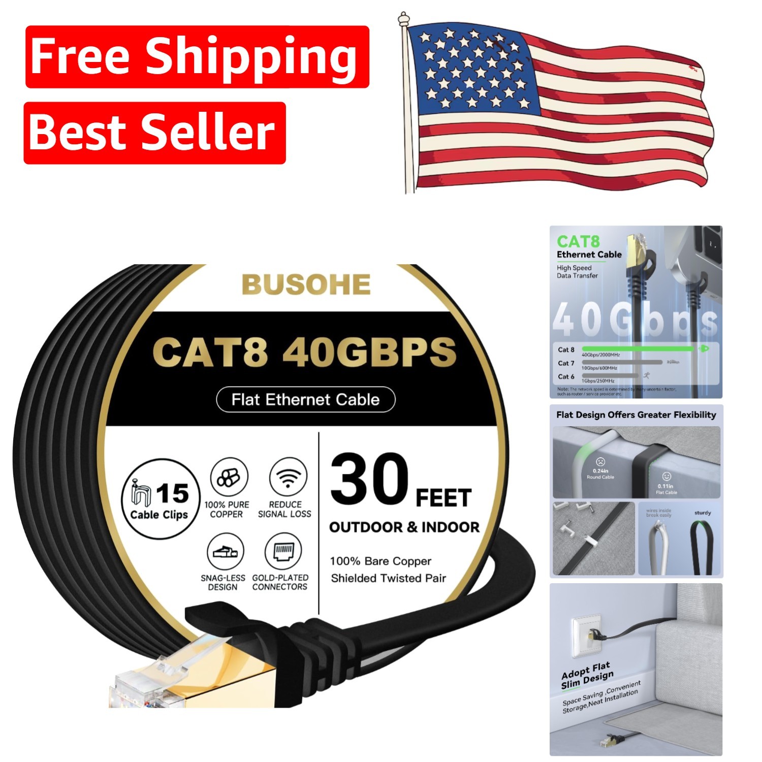 30FT Cat 8 Ethernet Cable – Durable, High-Speed Shielded Network Cord with Clips