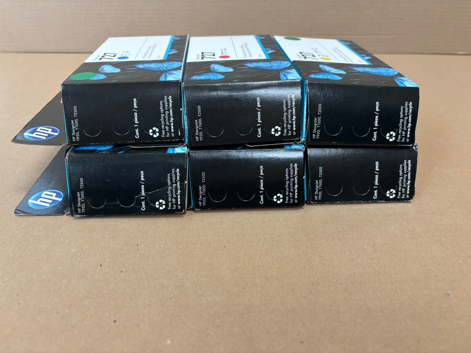 6 OEM HP 727 DJT900, T1500 C,M,Y,G,G,PK inks B3P19A,20A,21A,23A,24A (2021)