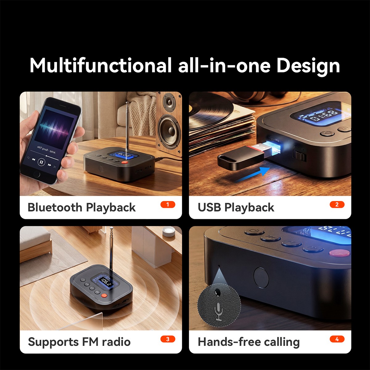 Bluetooth 6.0 Audio Receiver FM Radio 3.5Mm AUX RCA USB/U Disk Bluetooth Adapter