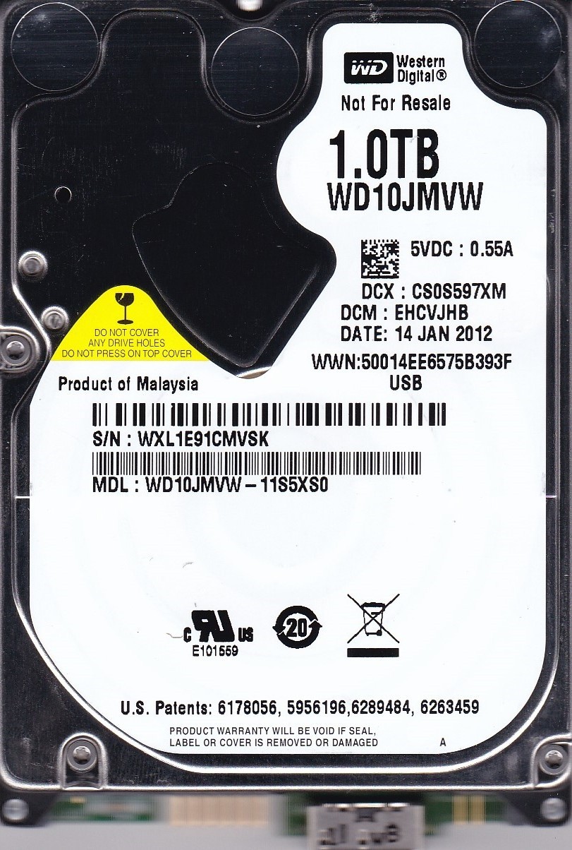 WD10JMVW-11S5XS0 EHCVJHB sn WXL1E9 JAN/2012 Malaysia 1TB USB 3.0 Western Digital