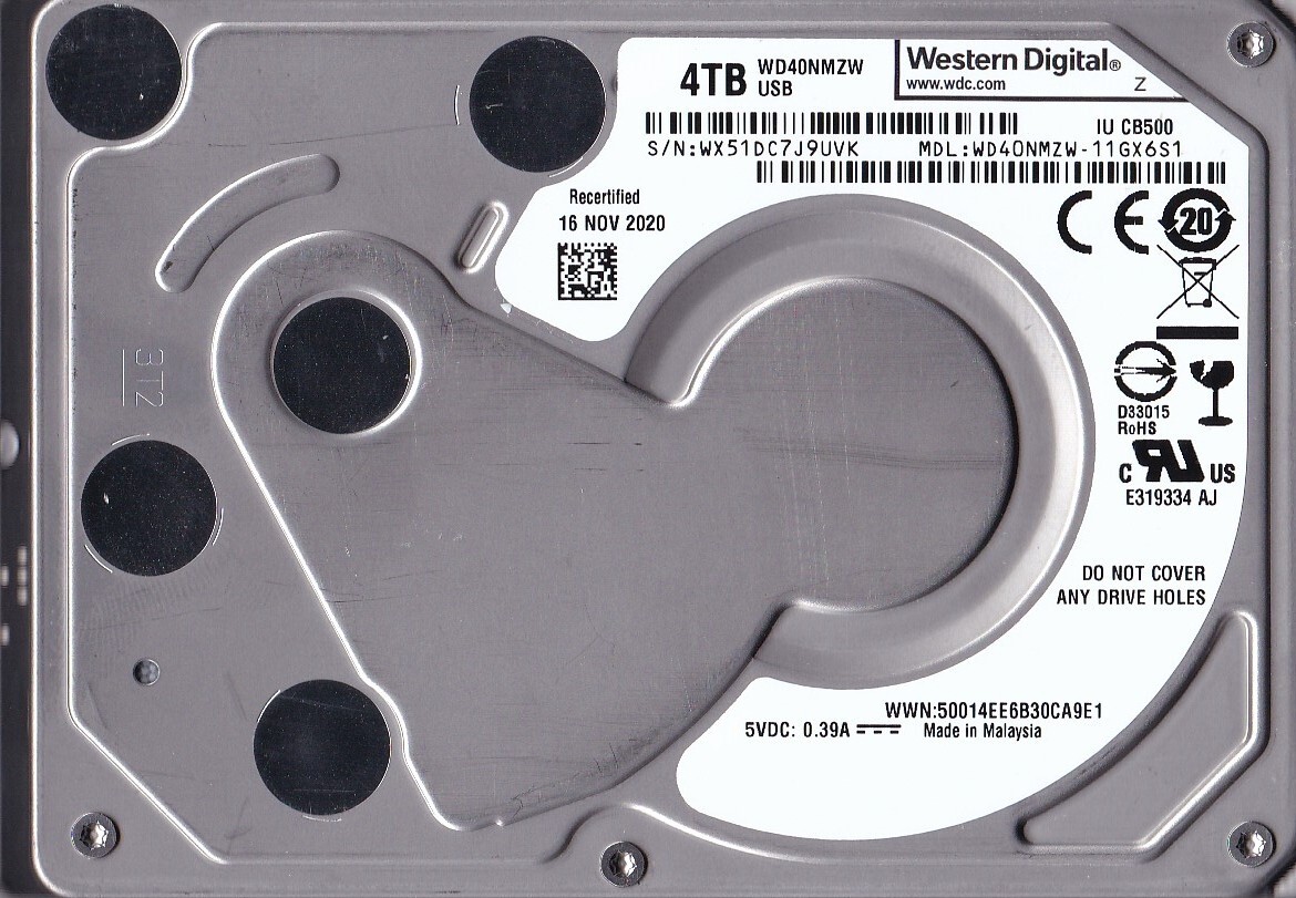 WD40NMZW-11GX6S1 s/n: WX51DC NOV / 2020 Malaysia 4TB USB 3.0 2.5″ HDD B13-20