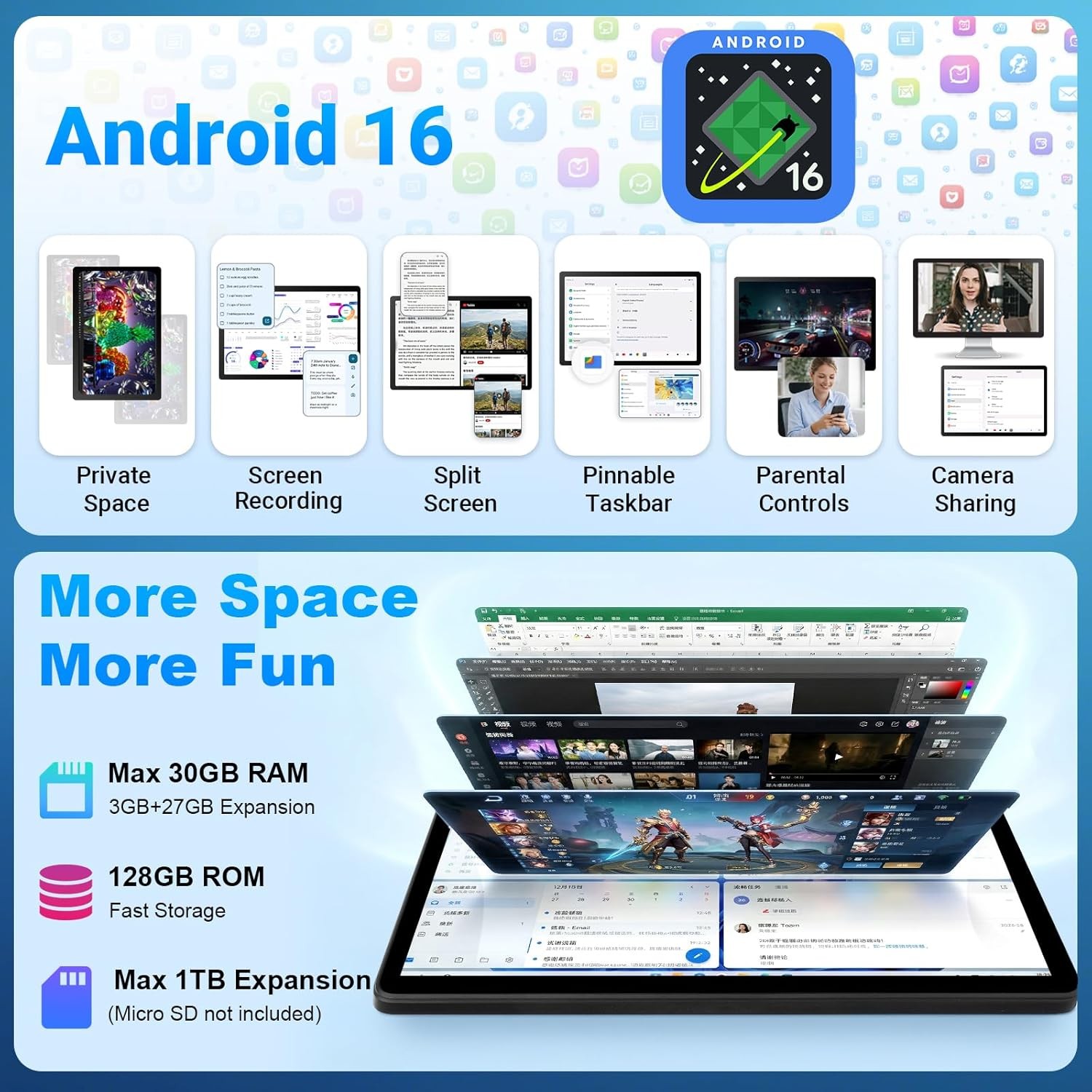Android 16 Tablet 11 inch 30GB RAM 128GB ROM 7800mAh WiFi 6 BT 5.4 Dual Camera