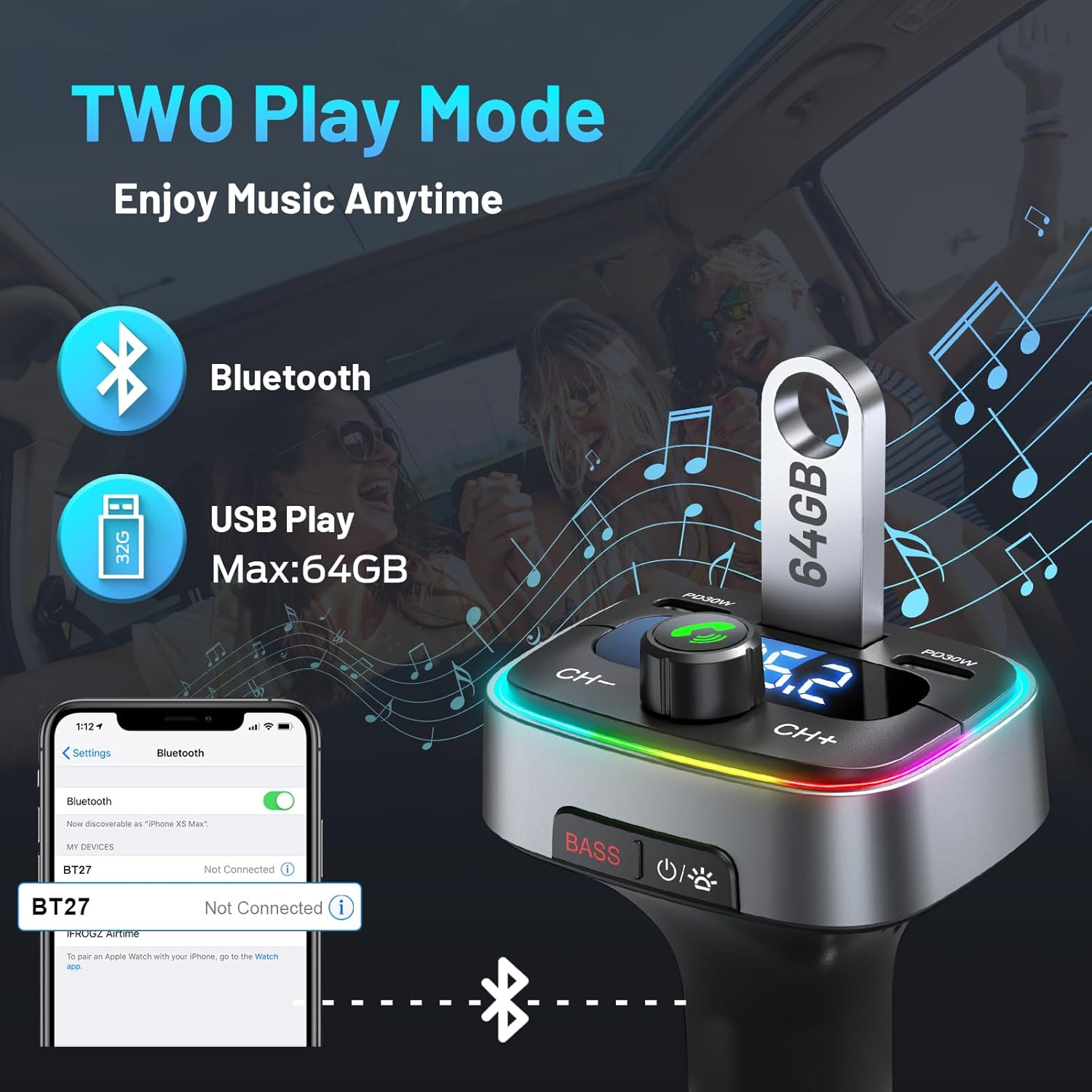 Bluetooth 5.4 Car Adapter 60W Charging USB Bluetooth Adapter for Car,Wireless Fm
