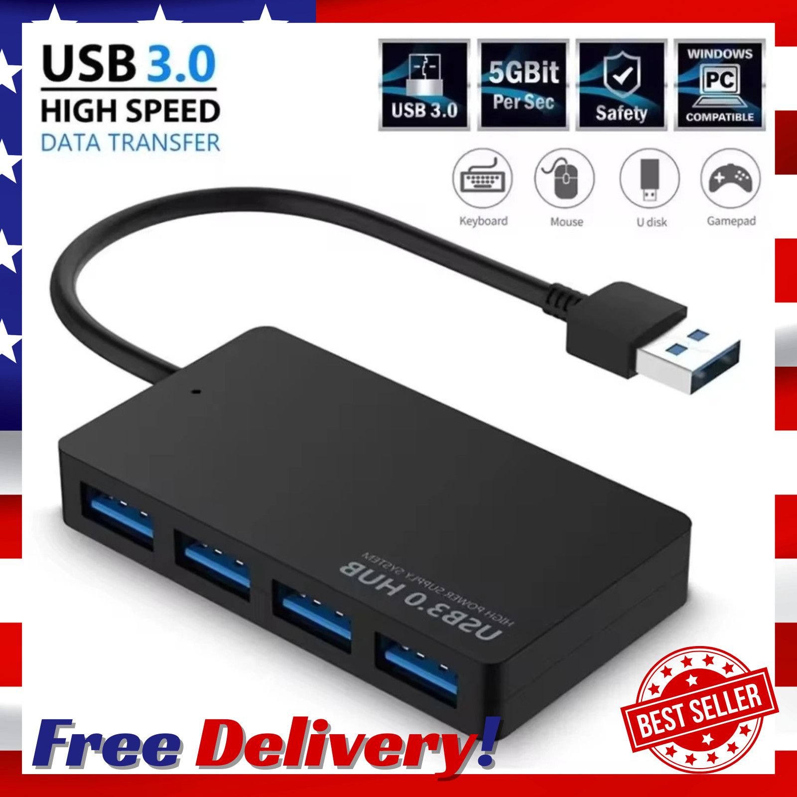 4 Port USB 3.0 Hub Cable Power Adapter Splitter Multiple Extender for Laptop Lot