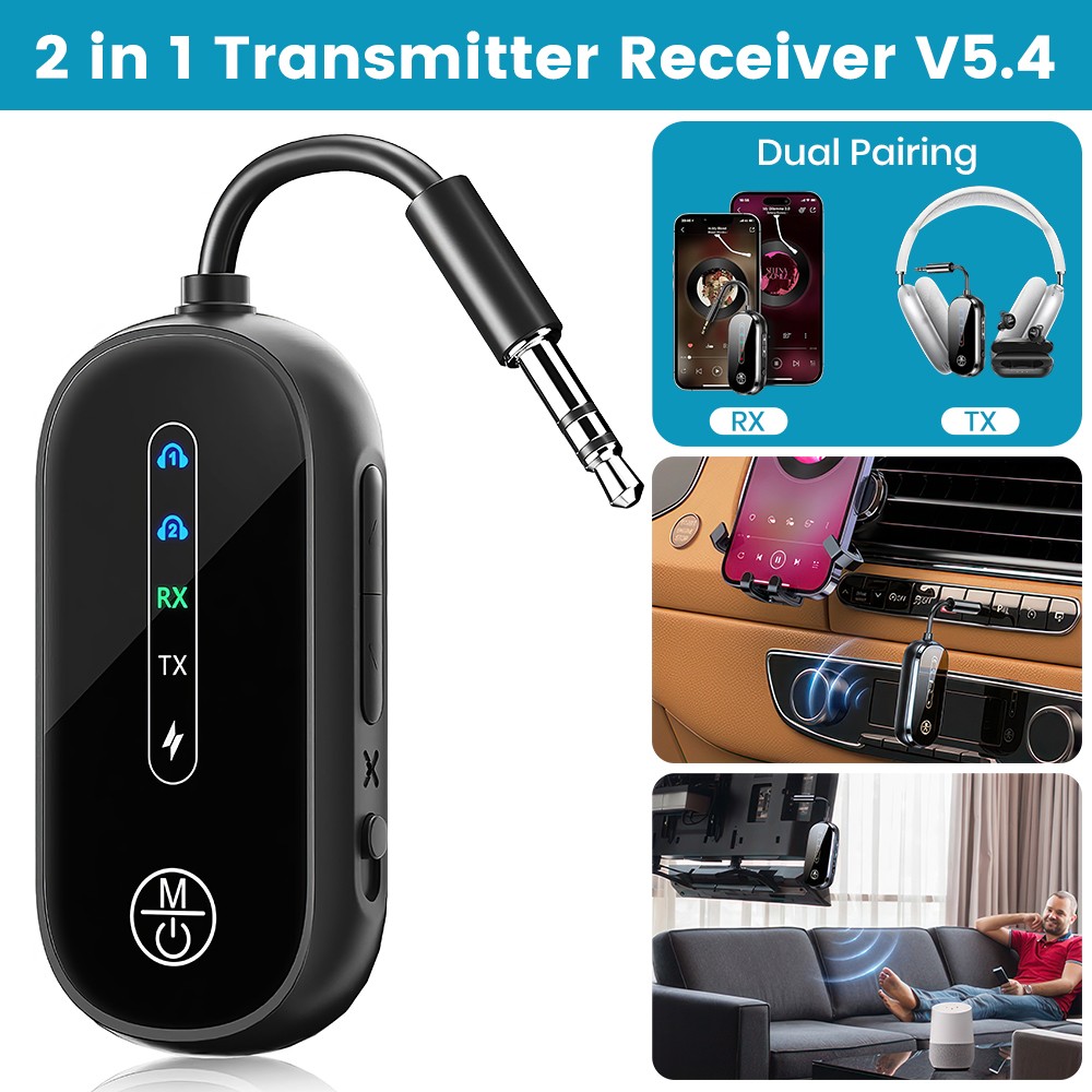 Dual Link Bluetooth 5.4 Transmitter Receiver 2-in-1 Bluetooth Adapter Airplane