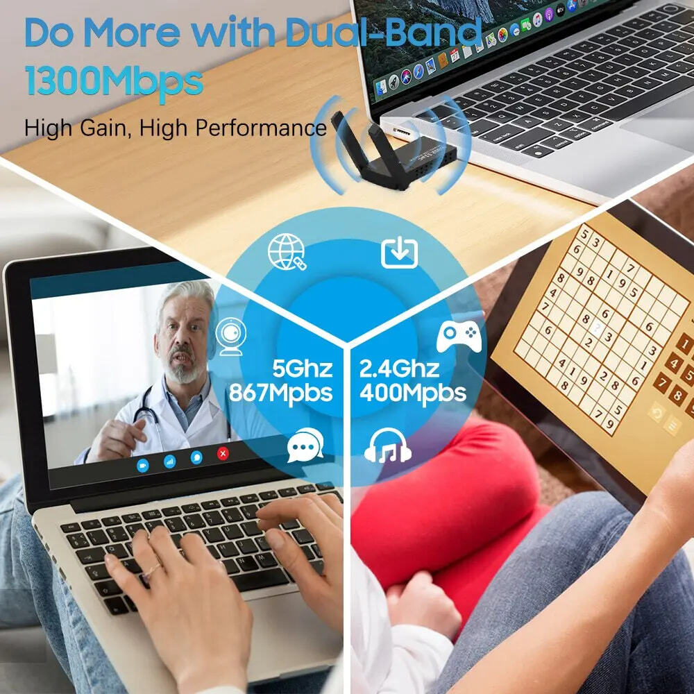 2X1 USB 3.0 Wireless WIFI Adapter 1300Mbps Long Range Dongle Dual Band Network