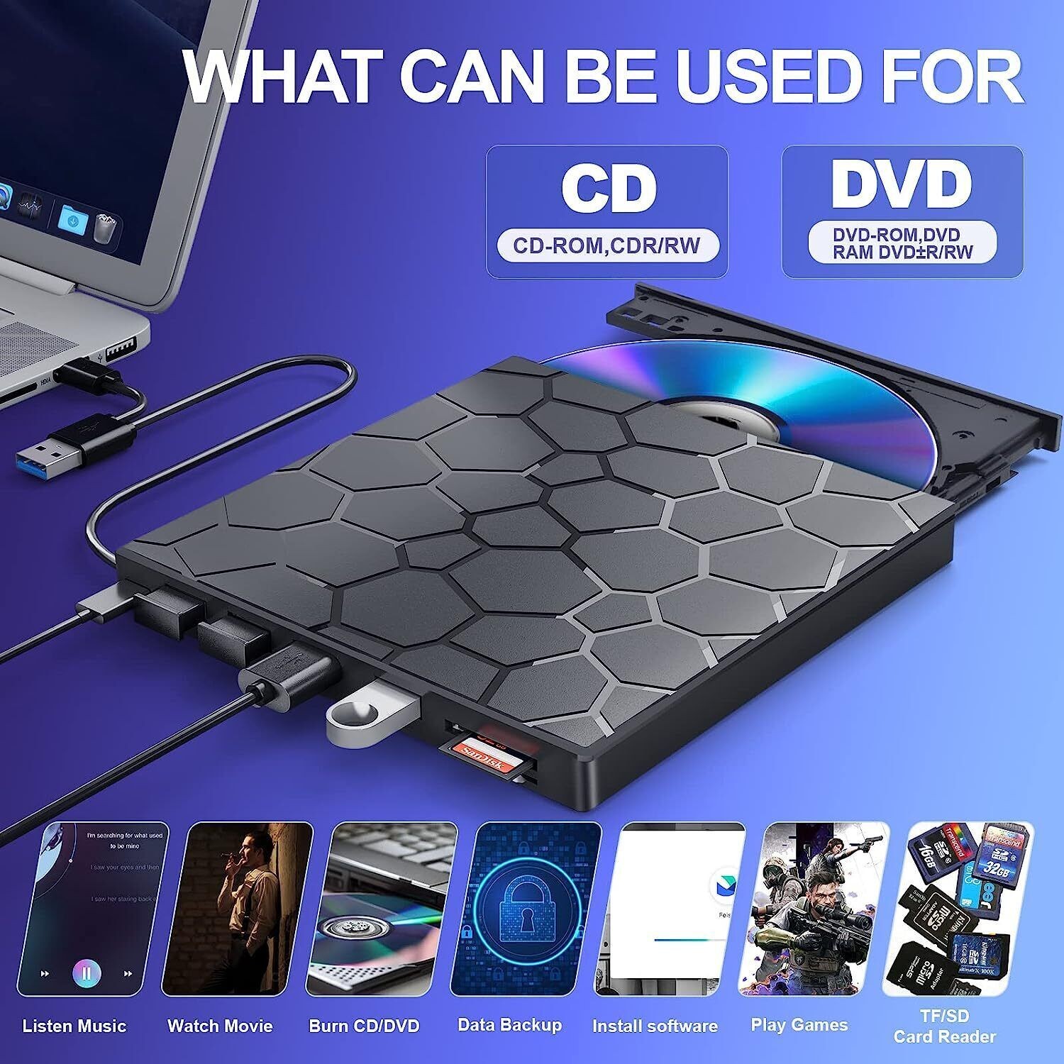 USB 3.0 Slim External CD DVD Drive Disc Player Burner Writer For Laptop PC Mac